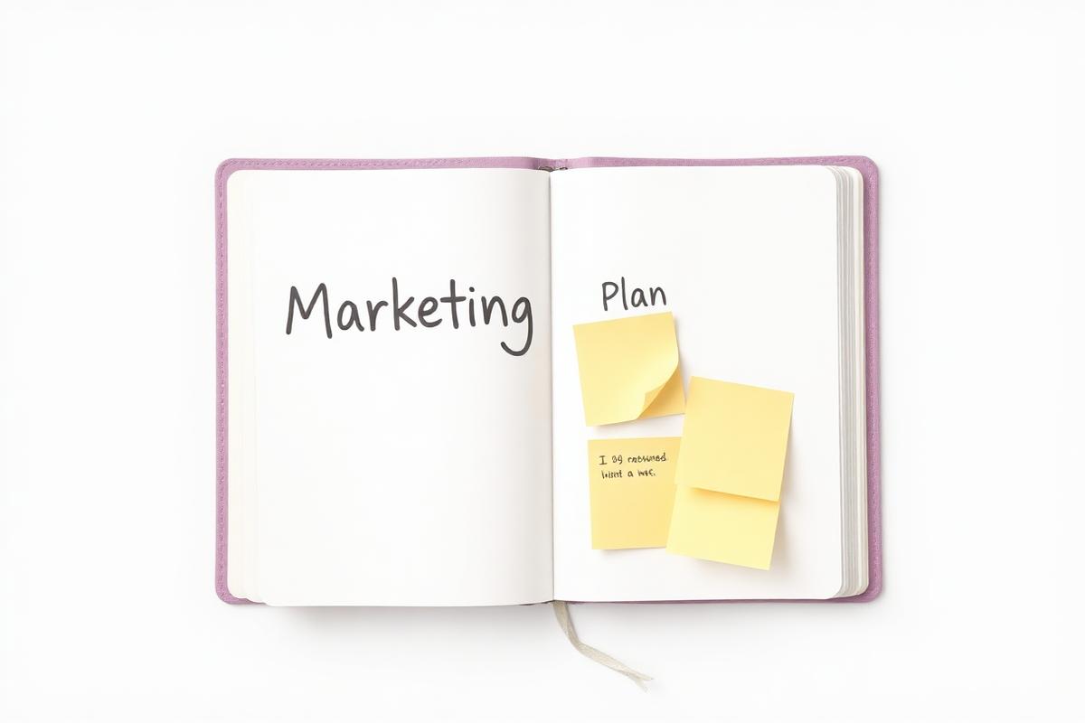 Open notebook with a hand-drawn marketing plan and sticky notes