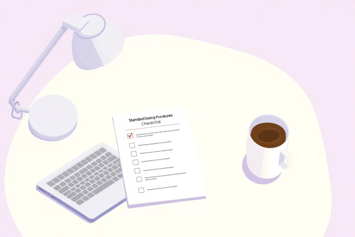 Desk with a laptop, coffee and a standard operating procedures checklist